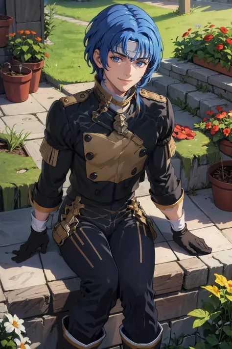 masterpiece, best quality, 1boy, smile, solo, looking at viewer,  <lora:gmuniform-nvwls-v1:1>, gmuniform,  <lora:Ronan:0.8>, ronanfe, Headband, gloves, black pants, long sleeves, sitting, garden,