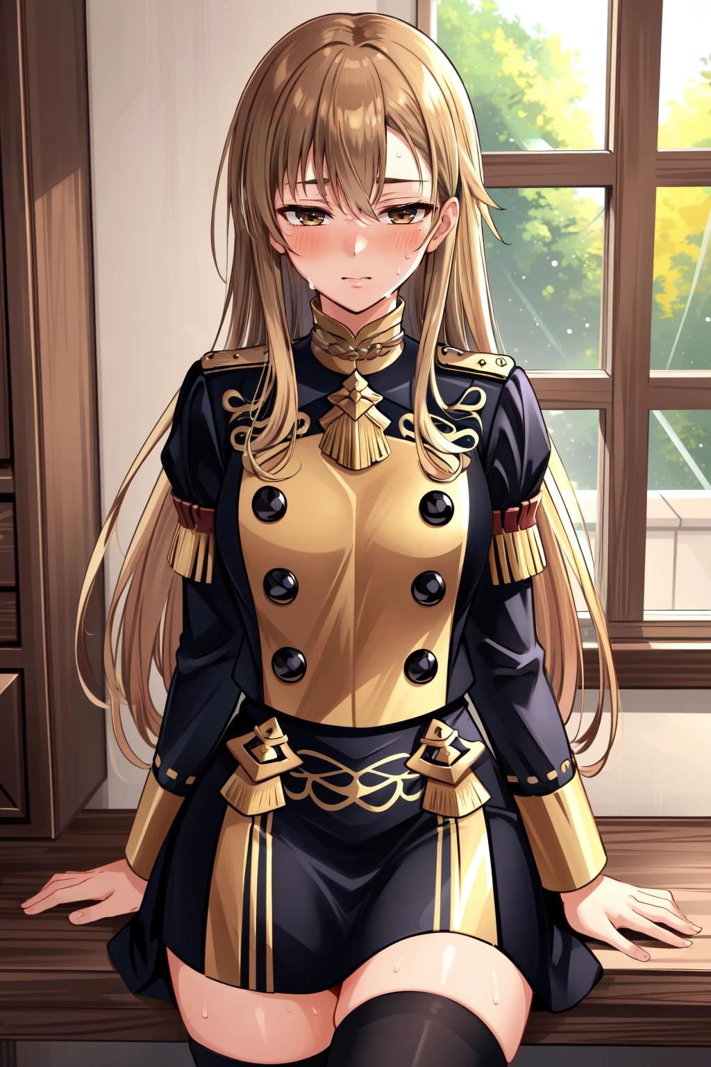 (masterpiece, best quality), intricate details,
1girl, <lora:asuna_sao-10:0.8> asuna, very long hair,
<lora:gmuniform-nvwls-v1:0.8> gmuniform, blue thighhighs, black and gold uniform,
<lora:sensualface_type1:0.8> indoors, blushing, hot, sweating,