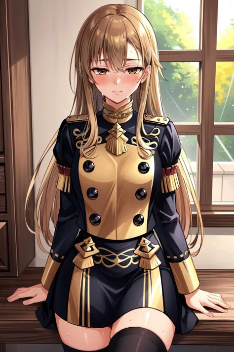 (masterpiece, best quality),  intricate details,
1girl,    <lora:asuna_sao-10:0.8> asuna, very long hair, 
 <lora:gmuniform-nvwls-v1:0.8> gmuniform, blue thighhighs,  black and gold uniform,
 <lora:sensualface_type1:0.8> indoors, blushing, hot, sweating,