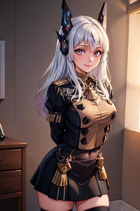 (masterpiece, best quality:1.2), solo, 1girl, Meina, smile, looking at viewer, arms behind back, headgear, gmuniform, blue thighhighs <lora:MeinaV2:0.6> <lora:gmuniform-nvwls-v1:1>