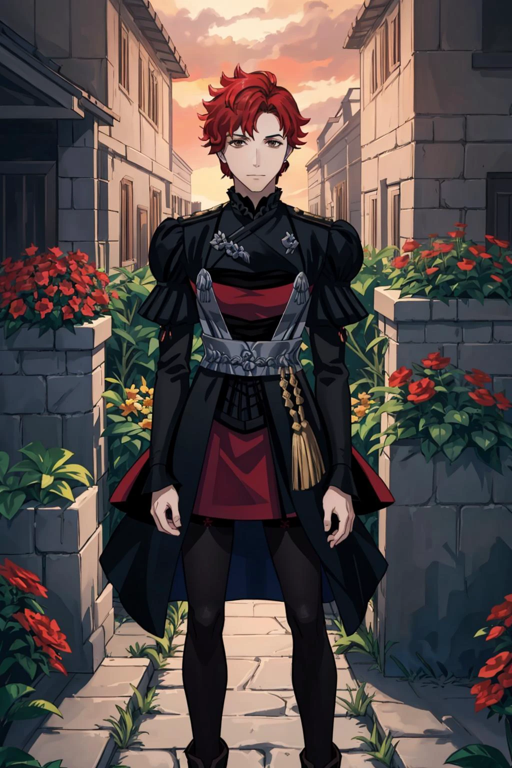 1boy, fesylvain, stoic, (frontal view):5,(facing viewer):5 , crossdressing. flat-chest:5, makeup, dangling earrings, red dress, corset, detached red sleeves, black pantyhose <lora:dorothea-nvwls-v2:0><lora:gmuniform-nvwls-v1:0>, garden, Garreg Mach, <lora:fireemblem_sylvain:0>
