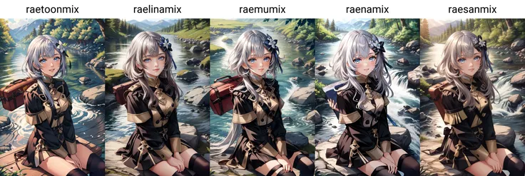 (masterpiece, best quality), intricate details,
1girl, <lora:hololive_zeta_v2-12:0.8>vestianewyr, hair bow, hair flower
<lora:gmuniform-nvwls-v1:0.8> gmuniform, blue thighhighs
sitting, outdoors, picnic, sitting on rock, by river, forest, sunny, happy,