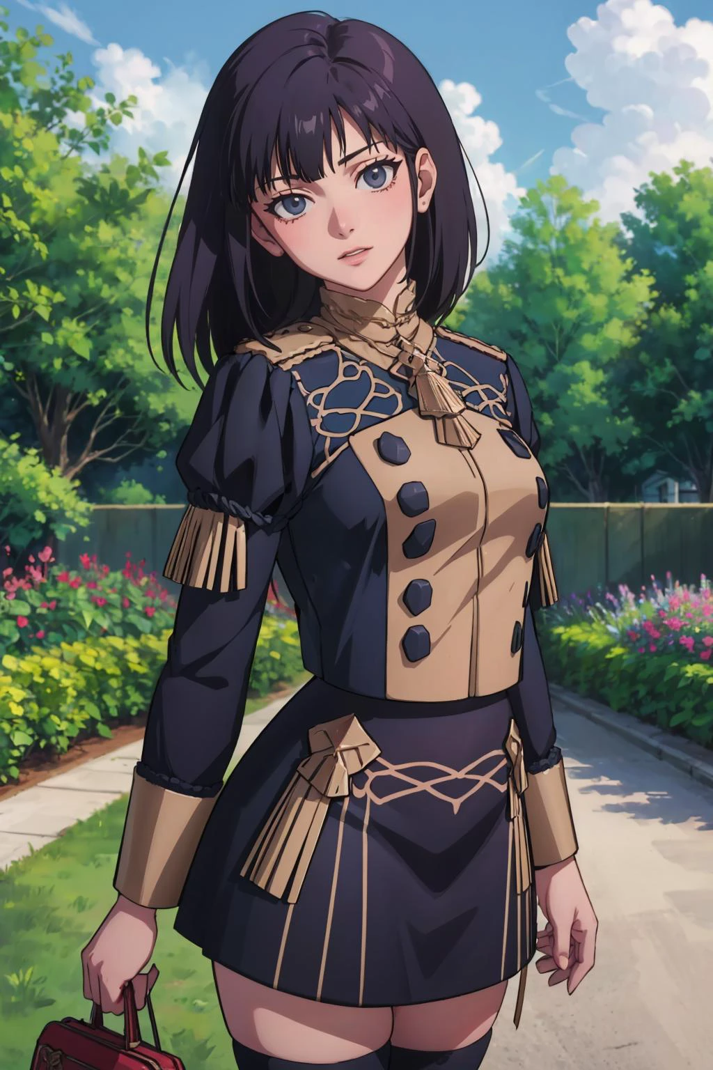 masterpiece, best quality, <lora:qiaoling:0.8> qiaoling, <lora:gmuniform-nvwls-v1:1> gmuniform, blue thighhighs, garden, cowboy shot, looking at viewer, head tilt