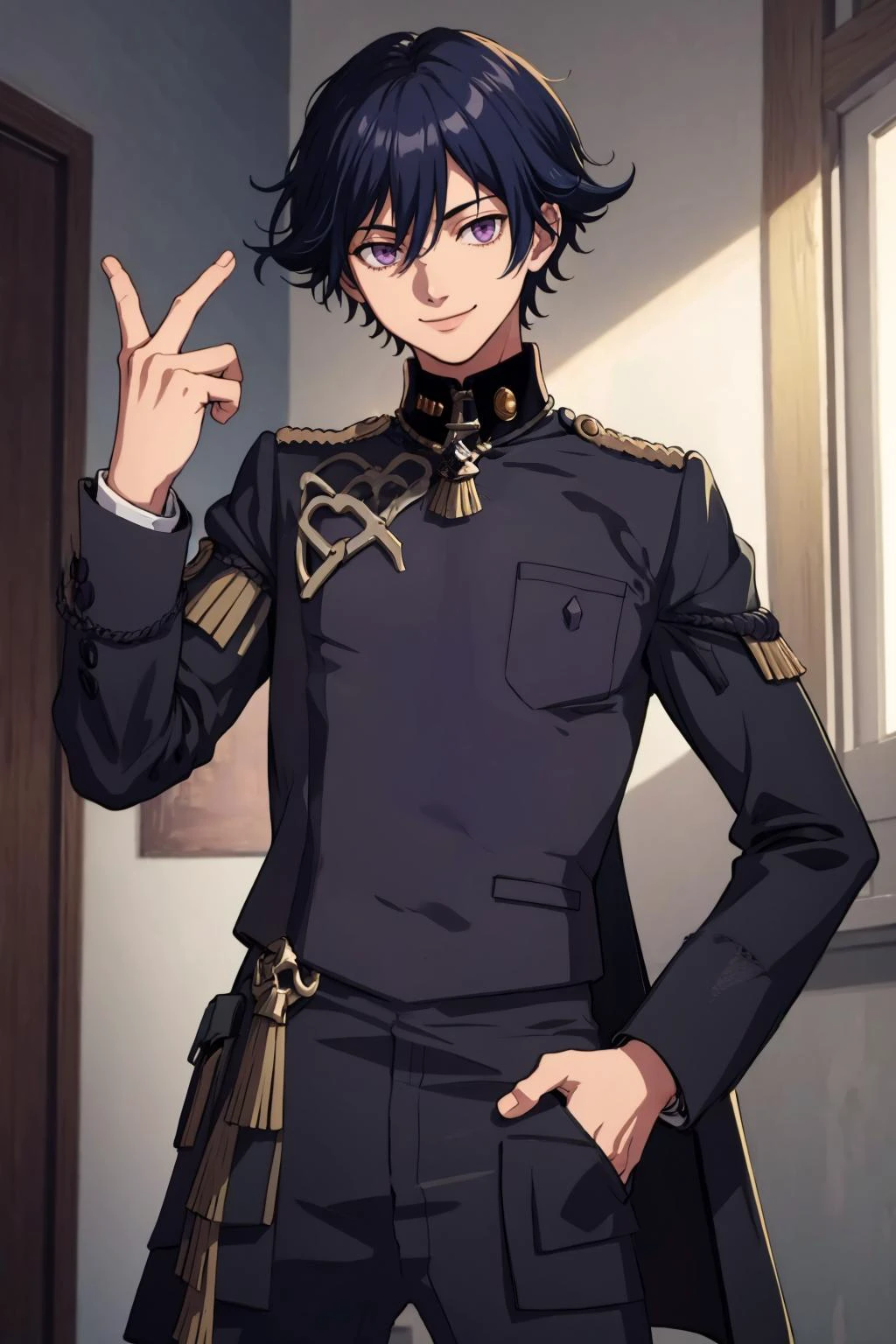 masterpiece, best quality, 1boy, smile, solo, looking at viewer, <lora:gmuniform-nvwls-v1:1>, gmuniform, <lora:NaoyaV3:1>, Naoya, hand in pocket, purple eyes,
