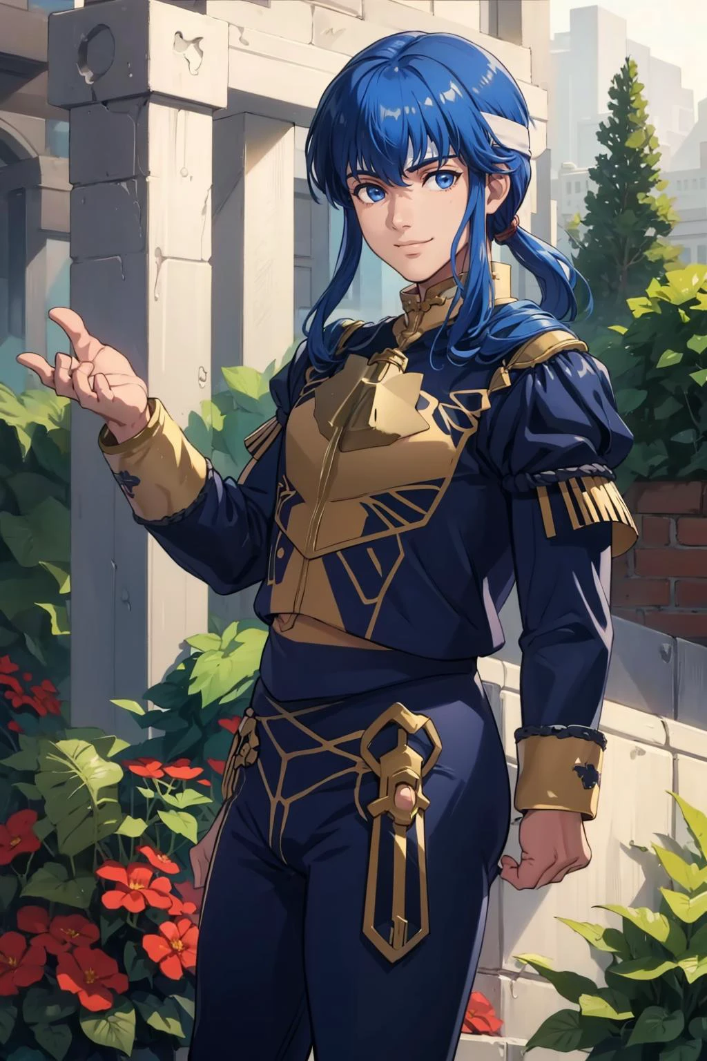 masterpiece, best quality, 1boy, male focus, smile, solo, looking at viewer, <lora:gmuniform-nvwls-v1:1>, gmuniform, <lora:Seliph:1>, seliphfe, garden, headband, pants