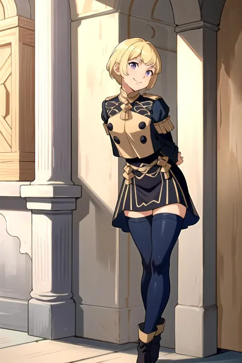 (masterpiece,best quality),solo,1girl,tomboy,small breasts,in medieval university,(very short hair,blonde hair,neat hair,pixie cut),purple eyes,standing,full body,smiling,(arms behind back),baroque architecture,gmuniform,blue thighhighs,<lora:gmuniform-nvwls-v1:1>,