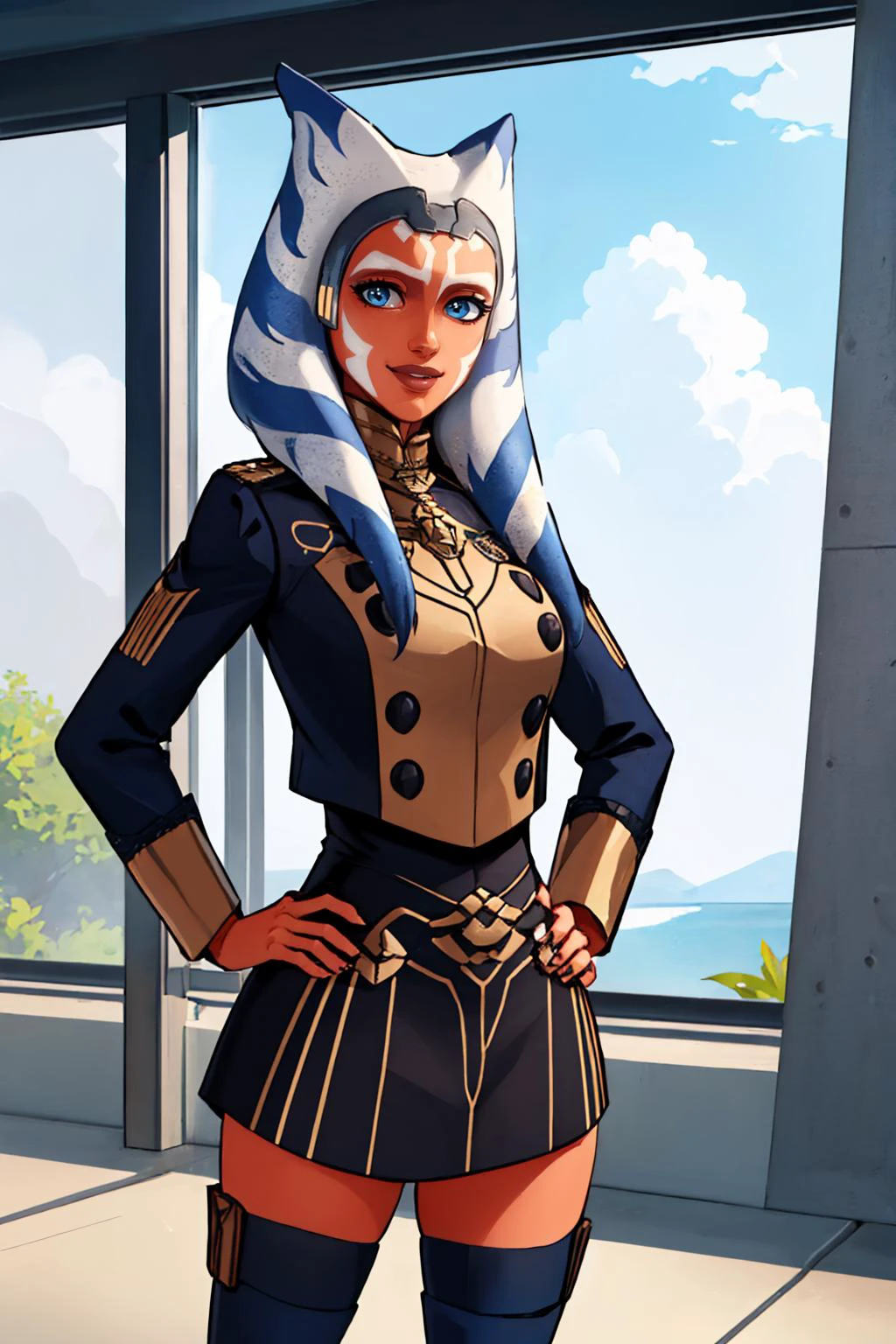 (masterpiece, best quality:1.2), solo, 1girl, AhsokaS7, colored skin, smile, looking at viewer, hand on hip, gmuniform, blue thighhighs <lora:AhsokaS7_V1-Manityro-dadapt:1> <lora:gmuniform-nvwls-v1:1>