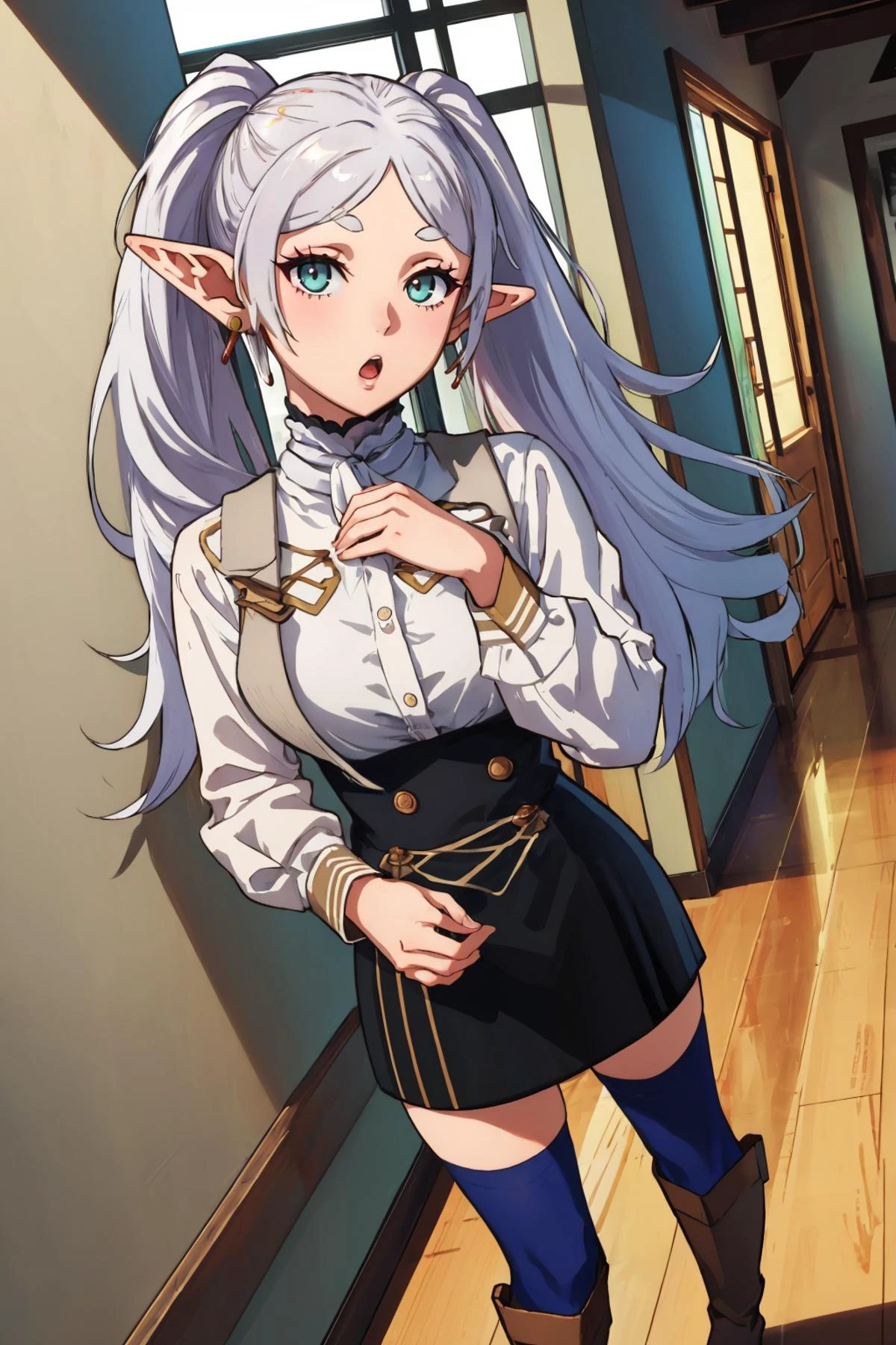masterpiece, best quality, <lora:CHAR-Frieren:1> Frieren, twintails, earrings, (white hair:1.5) <lora:gmuniform2-nvwls-v1:1> gmuniform, blue thighhighs, hallway, wooden building, dutch angle, looking at viewer, :o