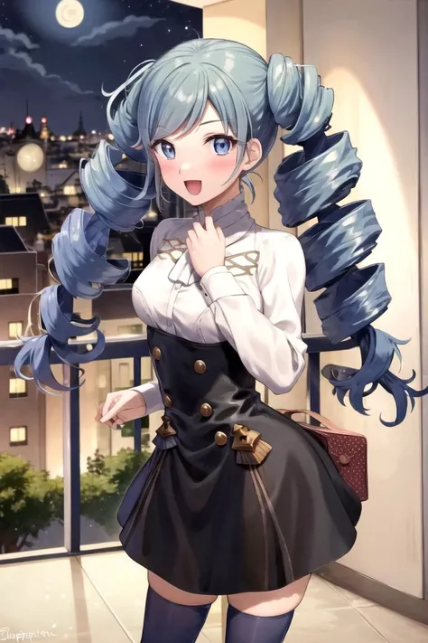 masterpiece, best quality, looking at viewer, facing viewer, nice hands, perfect hands,
1girl, solo, (night:1.3),
excited, blush, balcony, penthouse, wide windows, fantasy village, smile, happy,
acebw, blue hair, twin drills, drill hair, blue eyes,
gmuniform, twintails, black thighhighs, white shirt,
small breasts,<lora:ace_trainer_bw:1>, <lora:gmuniform2-nvwls-v1:1>