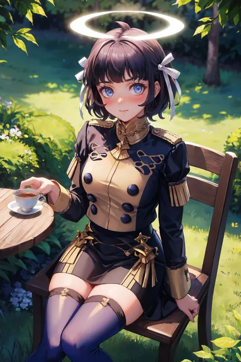 masterpiece, best quality, <lora:gmuniform-nvwls-v1-000009:1> gmuniform, blue thighhighs <lora:helltaker_azazel-12:0.8> htazazel, hair ribbon, halo, looking at viewer, confused, sitting, chair, table, garden, tea, blushing