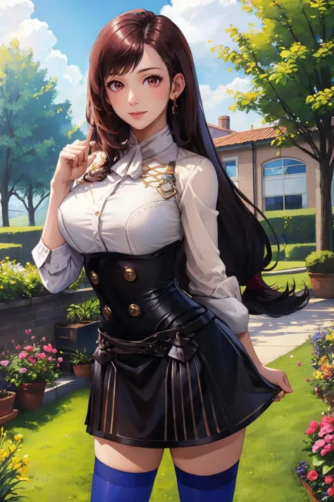 masterpiece, best quality, <lora:gmuniform2-nvwls-v1-000009:1> gmuniform, blue thighhighs <lora:tifa-nvwls-v1-final:0.9> deftifa, standing, looking at viewer, smile, cowboy shot, large breasts, garden, sky, clouds, outdoors, school building, fist