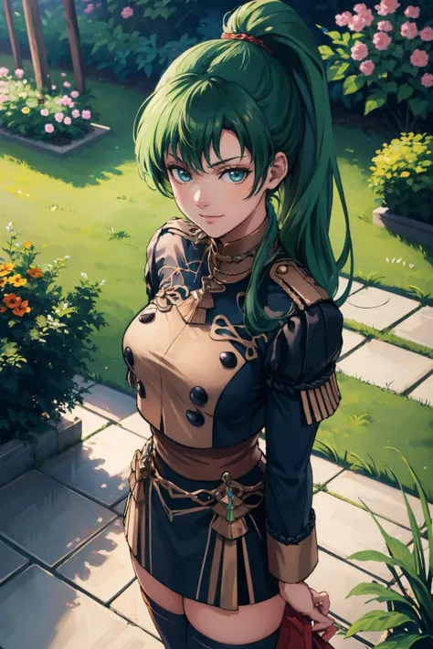 masterpiece, best quality, <lora:gmuniform-nvwls-v1-000009:1> gmuniform, blue thighhighs <lora:lyn-nvwls-v1-final:0.7> defaultLyn, looking at viewer, smirk, garden, from above, standing