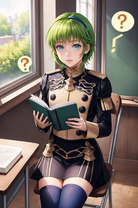 masterpiece, best quality, <lora:gmuniform-nvwls-v1-000009:1> gmuniform, blue thighhighs <lora:nino_fe_v1:1> nino, short hair, green hair, blue eyes, hairband, holding book, reading book, (spoken question mark:1.4), sitting, desk, chair, classroom, confused
