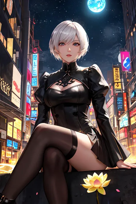 Professional fashion photography, best quality, sharp, cinematic scene, mature female, solo, yorha no. 2 type b, glowing eyes, (detailed face and eyes):1.2, sitting on a lotus flower in a starry night, with glowing orbs, sparks, and petals floating around her. A golden light shines from her heart and eyes, cyberpunk city night, glowing city lights, bokeh, br-max, cold lighting, <lora:2b:0.8>, <lora:br_max-000014:0.2>, <lora:Gloomifier_V2_TheGlow:1.6>