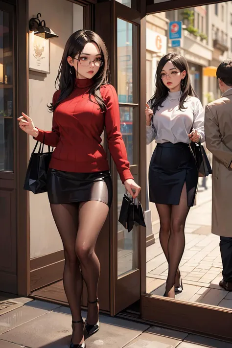 (masterpiece, best quality, highly detailed), 8k, solo, mature female, minazukikyouko, glasses, red sweater, labcoat, black miniskirt, pantyhose, high heels, (detailed face and eyes):1.2, remarkable eye color, by sakimichan, hyperrealism, candid, Night scene, shopping in boutique store <lora:sakimichan-v1.6-lora-vae-newcraft:0.7>, <lora:minazukikyouko-nvwls-v1-final:0.6>, <lora:Night scene_20230715120543:0.2>