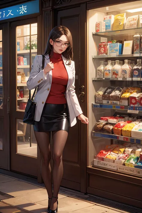 (masterpiece, best quality, highly detailed), v-ray render, 1girl, solo, minazukikyouko, glasses, red sweater, labcoat, black miniskirt, pantyhose, high heels, (detailed face and eyes):1.2, remarkable eye color, by sakimichan, hyperrealism, candid, Night scene, shopping in boutique store <lora:sakimichan-v1.6-lora-vae-newcraft:0.7>, <lora:minazukikyouko-nvwls-v1-final:0.6>, <lora:Night scene_20230715120543:0.2>