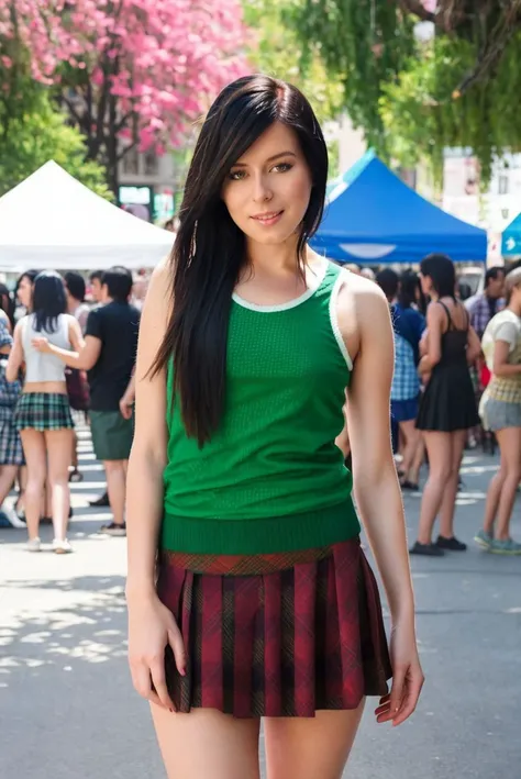 Instagram picture of a beautiful woman, knit top and plaid skirt, vibrant festival, full body, epic character composition,by ilya kuvshinov, alessio albi, nina masic,sharp focus, subsurface scattering, f2, 35mm, film grain , pale , dark hair <lora:danielrose:1>