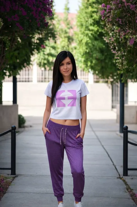 Instagram picture of a beautiful woman, graphic tee and purple joggers, silent plaza, shy, epic character composition,by ilya kuvshinov, alessio albi, nina masic,sharp focus, subsurface scattering, f2, 35mm, film grain , dark hair, cute smile <lora:danielrose:1>