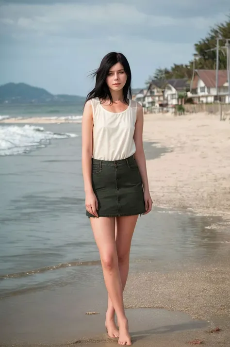 selfie of a beautiful woman, cotton dress and denim skirt, empty beachfront, dark hair, epic character composition,by ilya kuvshinov, alessio albi, nina masic,sharp focus, subsurface scattering, f2, 35mm, film grain , pale , dark hair <lora:danielrose:1>