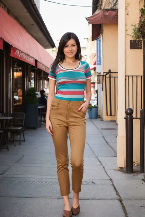 A full color portrait of a beautiful woman, striped top and brown corduroys, packed caf, full body, epic character composition,by ilya kuvshinov, alessio albi, nina masic,sharp focus, subsurface scattering, f2, 35mm, film grain , dark hair, cute smile <lora:danielrose:1>
