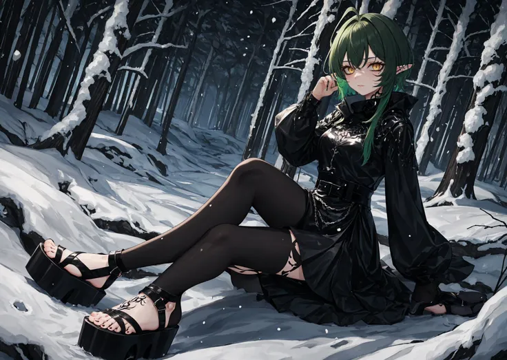 dark theme, gavial, eyeliner, green hair, yellow eyes, short hair, pointy ears, forest background, snowing background, solo, <lora:Gavial-04:0.8> <lora:LowRA:0.6> <lora:menositanikuma1:0.9>, (tattoos:1.2), midi dress with ruffles, black tights, and platform sandals