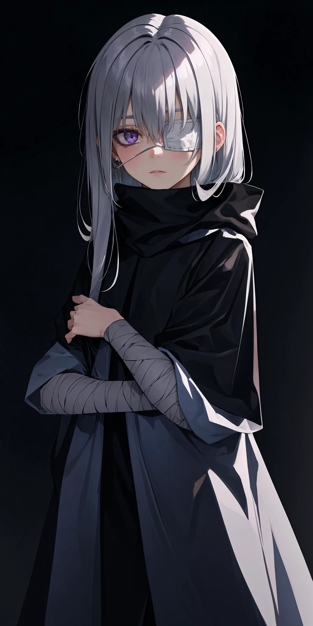 dark theme, silver hair, long hair, hair over eyes, dark grey eyes, purple eyes, medical eyepatch, poncho, black poncho, bandage, solo, <lora:LowRA:0.8> <lora:MedicalEyepatchV1:0.8> <lora:menositanikuma1:0.8>, (sad, depressed:1.3), (Random:1.3)