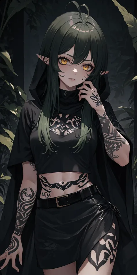 dark theme, gavial, eyeliner, green hair, yellow eyes, pointy ears, black crop top shirt, black skirt,pancho, black poncho, hood, solo, <lora:Gavial-04:1> <lora:LowRA:0.6> <lora:menositanikuma1:0.9>, (tattoos:1.3)