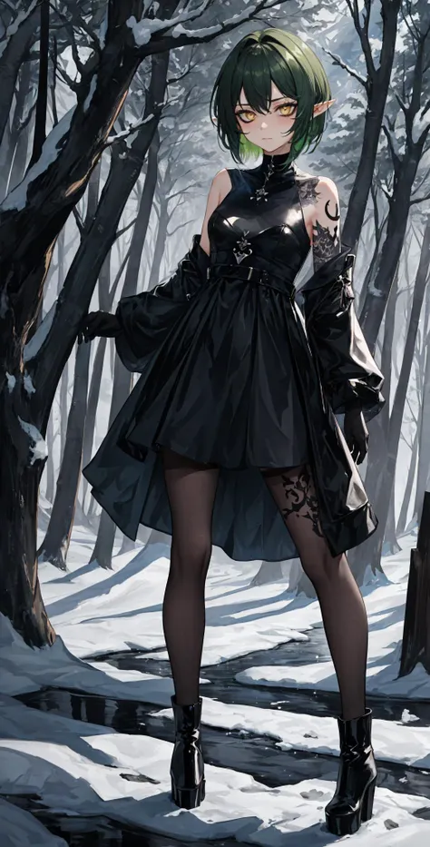 dark theme, gavial, eyeliner, green hair, yellow eyes, short hair, pointy ears, forest background, snowing background, solo, <lora:Gavial-04:0.8> <lora:LowRA:0.6> <lora:menositanikuma1:0.9>, (tattoos:1.2), velvet dress, fishnet tights, and high-heeled platform boots