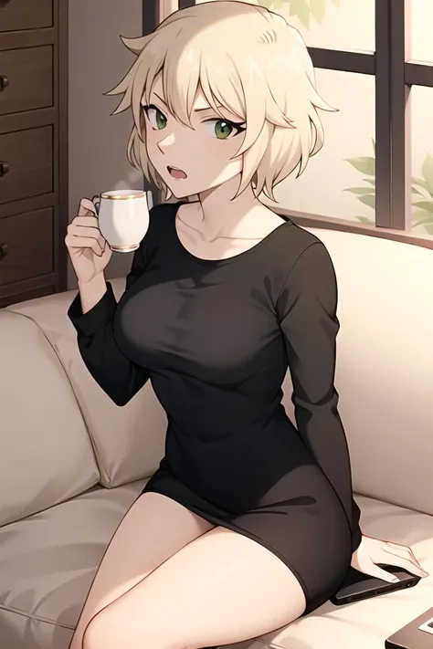 ((masterpiece)),((best quality)),ultra-detailed,illustratio,Explicit,Beautiful body,Beautiful Nose,Beautiful character design,perfect eyes,perfect face,wallpaper,ultra highres,
4K,photography,(Beautiful,normal breasts:1.5),(beautiful face:1.2),beautiful legs,perfect legs,(meitantei conan \(style\), detecive conan \(style\), meitantei conan),
Akai Meari,teapot,phone,solo,1girl,short hair,open mouth,black shirt,shirt,green eyes,cellphone,cup,collarbone,talking on phone,blond hair,parody,long sleeves,teacup,style parody,bangs,messy hair,kettle,teeth,hair between eyes,<lora:Akai Meari:0.7>,Living room,indoors,