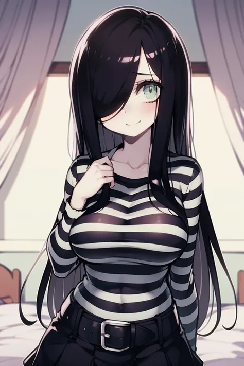 portrait, looking at viewer, female focus
ariawm, long black hair, one eye covered by hair, green eyes, pale skin, large breasts, slight smile, striped long sleeved shirt, skirt, belts,
bedroom, warmly lit, depth of field,
<lora:Aria_Wintermint:0.8>