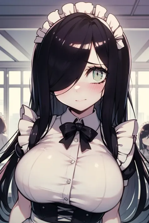portrait, looking at viewer, shy,
ariawm, long black hair, one eye covered by hair, green eyes, pale skin, large breasts, nervous, blushing, french maid, frills, maid cafe,
bustling cafe, city street visible through window, warmly lit, depth of field,
<lora:Aria_Wintermint:0.8>