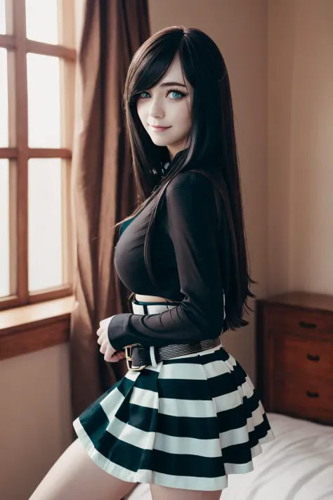 portrait, looking at viewer, female focus
ariawm, long black hair, one eye covered by hair, green eyes, pale skin, large breasts, slight smile, striped long sleeved shirt, skirt, belts,
bedroom, warmly lit, depth of field,
<lora:Aria_Wintermint:0.8>