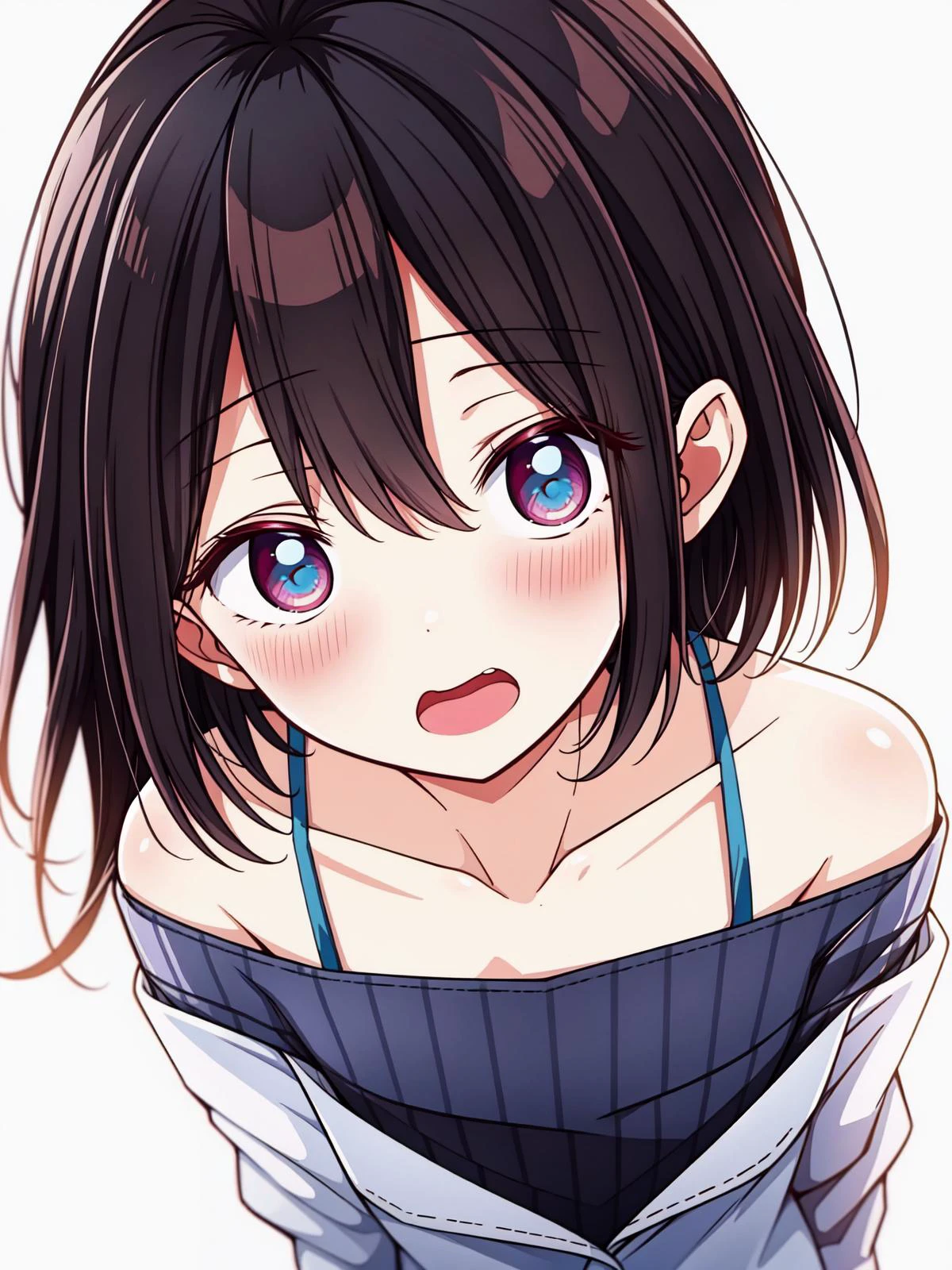 (best quality:1.4), ultra detailed, man's daughter, upper body, from above, (blush:1.1), open mouth, wavy_mouth, (flat chest:1.1), 
off_shoulder sweater, spaghetti strap <lora:Hiura_Mihate:0.6> hiura