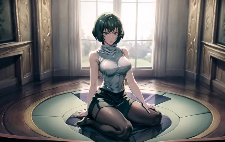 8k, anime, best quality, ultra high res, ultra detailed, (vivid and diverse color tone), extremely detailed lighting, cinematic lighting, soft lights, (masterpiece, high quality:1.4), realistic, nsfw,  <lora:add_detail:0.7>,  <lora:Mai_Zenin_Jujutsu-12:0.8>, (mai zenin, short green hair, dark purple skirt, turtleneck, sleeveless, white long legs), (full body)