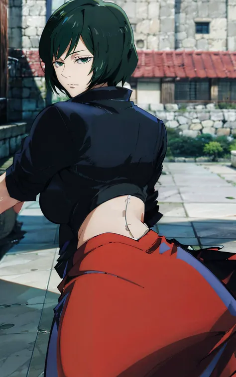 mai zenin, looking back, curvy, expressionless, dark green hair, <lora:Mai_Zenin_Jujutsu-12:1>