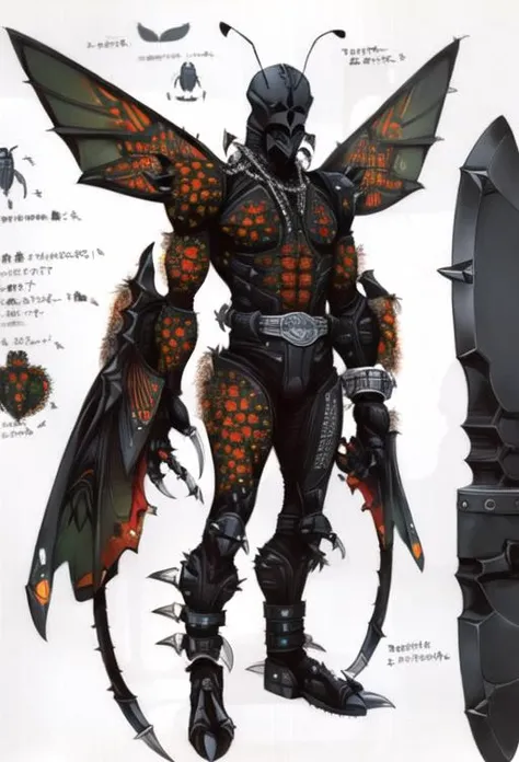 (((concept art, drawing, sketch, Undd, solo))), ((( alien, bug, wings))), (((axe, large claws))), ((antennae)), ((spiked metal plates)), belt, (((ring chains))) <lora:Undead Nirasawa II:0.8>