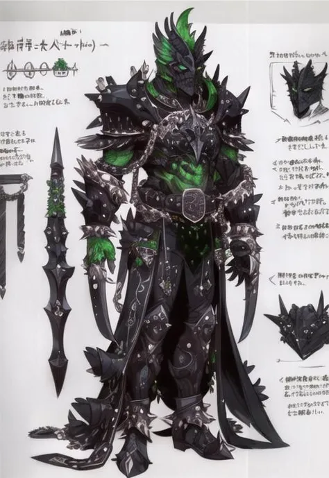 (((concept art, drawing, sketch, Undd, solo))), ((black and green, chalice)), ((spikes, ring chain, belt, armor, spikes, weapon)) <lora:Undead III:0.65>