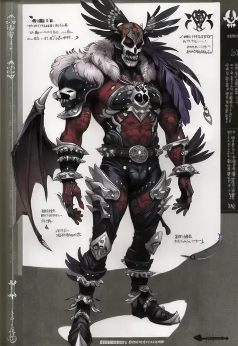 (((concept art, drawing, sketch, Undd, solo))), (((demon, pecker, wings, feather, skull))), (((spikes, ring chain, belt, leather armor, spikes, weapon))) <lora:Undead III:0.7>
