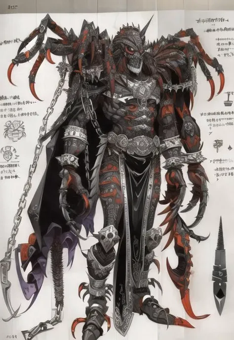 (((concept art, drawing, sketch, Undd, solo))), (((tarantula))), (((claws))), belt, armor, knife, skull, monster, alien, demon, shoulder spikes, arm blade, (((spikes))), (((ring chains, chains))) <lora:Undead III:0.6> <lora:Undead Nirasawa II:0>