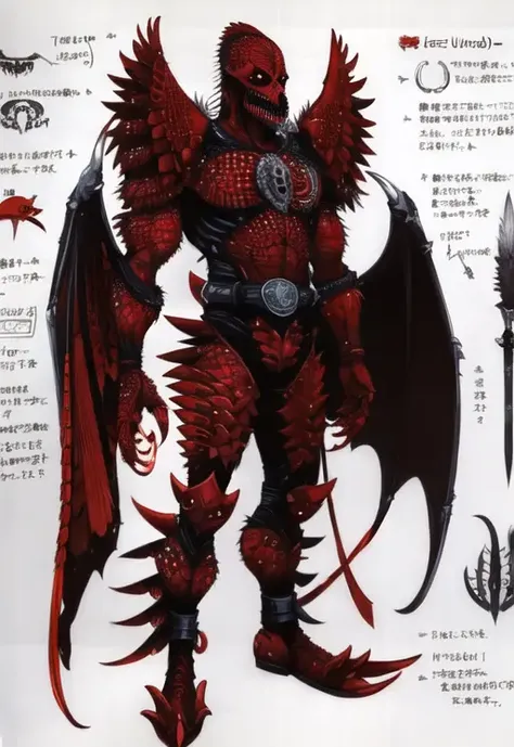 (((concept art, drawing, sketch, Undd, solo))), solo, red eyes, 1boy, standing, full body, eagle, male focus, wings, teeth, belt, armor, no humans, colored skin, fangs, claws, spikes, skull, monster, scales, alien, black skin, arm blade <lora:Undead III:0.7> <lora:Undead III-000004:0> <lora:Undead III-000002:0>