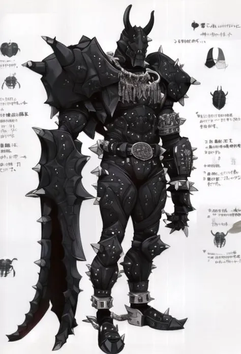 (((concept art, drawing, sketch, Undd, solo))), (((beetle))), (horned helmet), ((black armor)), (((spiked leather body plates))), (((spikes))), ((belt)), ((weapon)), (((ring chains))), (((chain))) <lora:Undead Nirasawa II:0.8>
