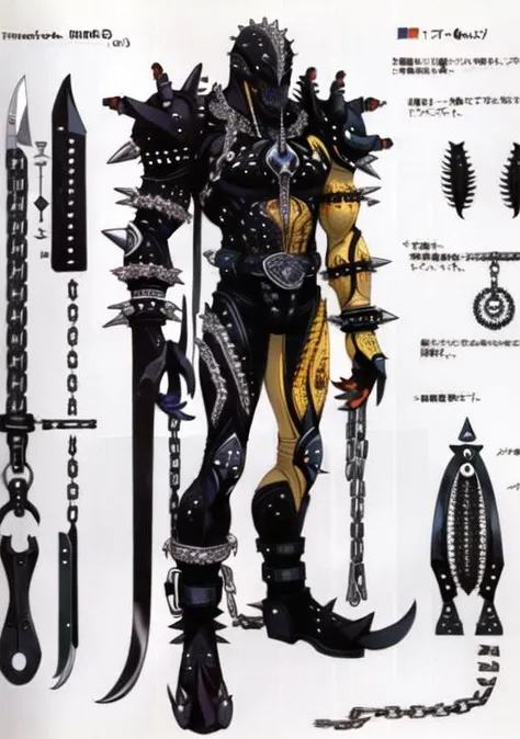 (((1character))), (((Undd, drawing))), (((black centipede))), (((claws))), (( (asymetrical))), (((ring chains))), ((leather, spiked metal plates, spikes, knife belt)) <lora:Undead III:0.8>