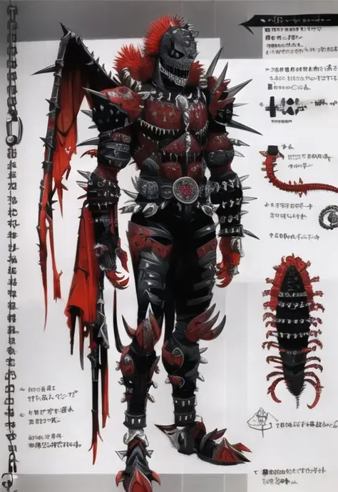 (((concept art, drawing, sketch, Undd, solo))), ((centipede)), (((black and red))), belt, armor, (skull mask), ((chains)), (((ring chains))), (((spikes))), teeth, tongue, belt, armor, no humans, chain, sharp teeth, claws, spikes, skull, monster, long tongue, spine <lora:Undead III:0.7> <lora:Undead III-000004:0> <lora:Undead III-000002:0>
