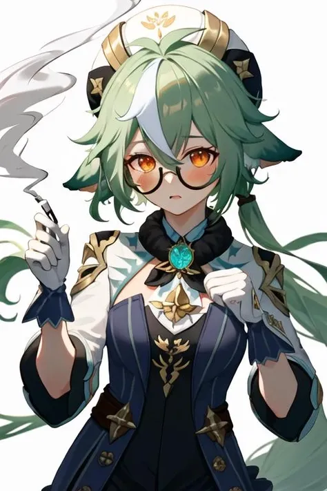 best quality, masterpiece, highres, solo, {black business suit:1.40}, {tie:1.20}, {sunglasses:1.25}, {white gloves:1.15}, {white shirt:1.10}, {black skirt:1.15}, {smoking:1.20}, handsome, {sucrose_genshin:1.15}, green_hair, animal_ears, glasses, semi-rimless_eyewear, hat, bangs, vision_\(genshin_impact\), blush, multicolored_hair, long_hair, hair_between_eyes, cat_ears, orange_eyes, breasts, yellow_eyes