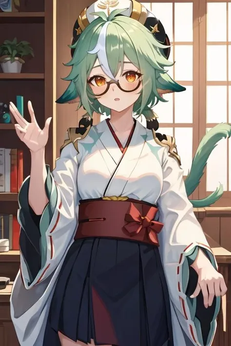 best quality, masterpiece, highres, solo, {white kimono:1.35}, {red hakama:1.35}, {wide sleeves:1.20}, {sucrose_genshin:1.15}, green_hair, animal_ears, glasses, semi-rimless_eyewear, hat, bangs, vision_\(genshin_impact\), blush, multicolored_hair, long_hair, hair_between_eyes, cat_ears, orange_eyes, breasts, yellow_eyes