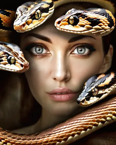 (( fauna_portrait )) , a woman with a very big eye and a very pretty face , Snake<lora:Fauna_Portrait_sdxl:1.0>