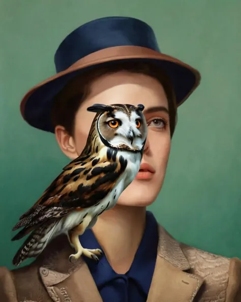 (( fauna_portrait )) , a woman with a hat and a jacket , Owl<lora:Fauna_Portrait_sdxl:1.0>