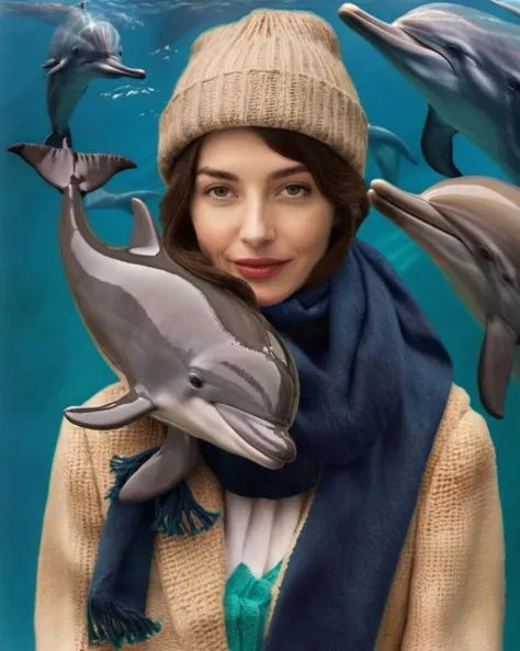(( fauna_portrait )) , a woman wearing a hat and a scarf , Dolphin<lora:Fauna_Portrait_sdxl:1.0>