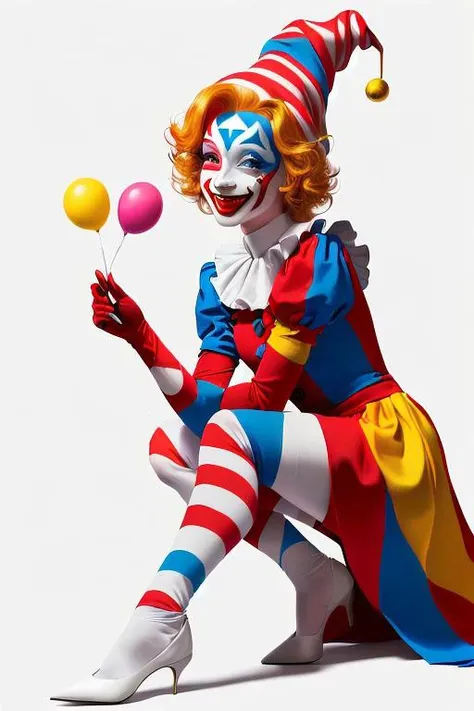 1girl, solo, clown, jester cap, multicolored clothes, facepaint, neck ruff, stripes, (white background:1.5), grin, pointy footwear, red nose, puffy sleeves, full body, vibrant colors, masterpiece, best quality, lens flare, godrays <lora:civitai_score:0.75>