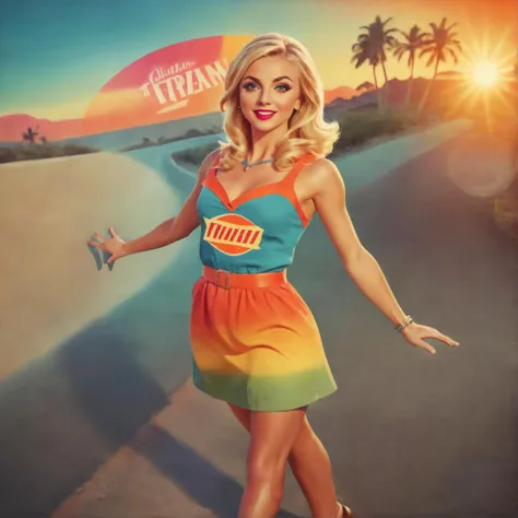 Vintage travel poster style  A professional visual FX shot featuring   Sunrise/Sunset Fast-Forward - Quick Transition from Day to Night  Allisyn Ashley Arm - Blonde Hair photographed posing  Slightly Twisted Torso, Hands Behind Back  . Retro, hand-drawn, destination advertisement, vintage typography, bright vivid colors, stylized landscape